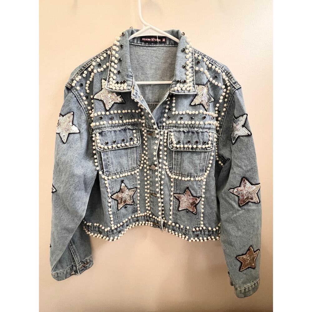 NWT Denim Love women’s Jean jacket with pearls, studs and sequins size medium
